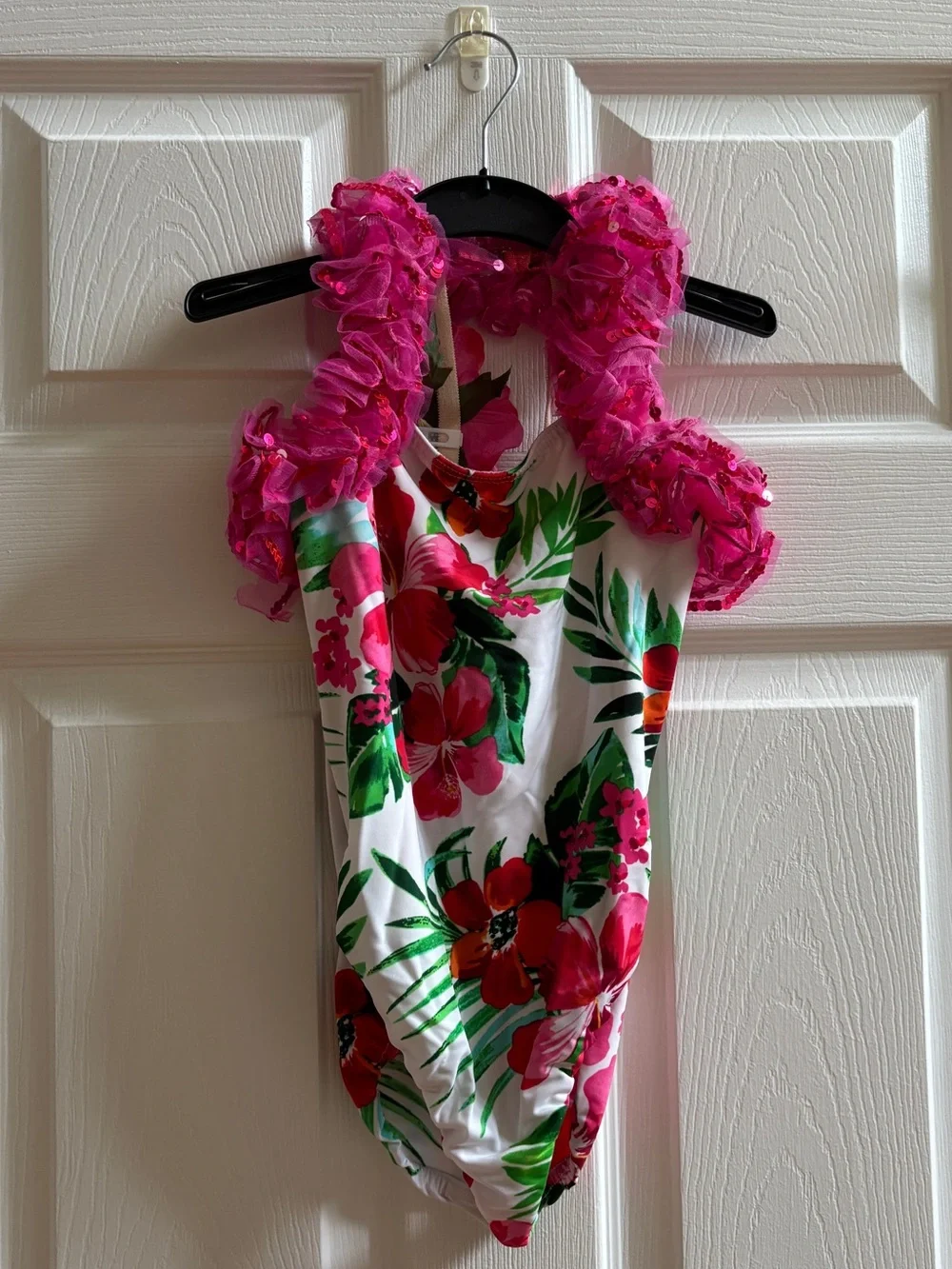 Girls Tropical Floral One-Piece Swimsuit with Pink Ruffle Straps